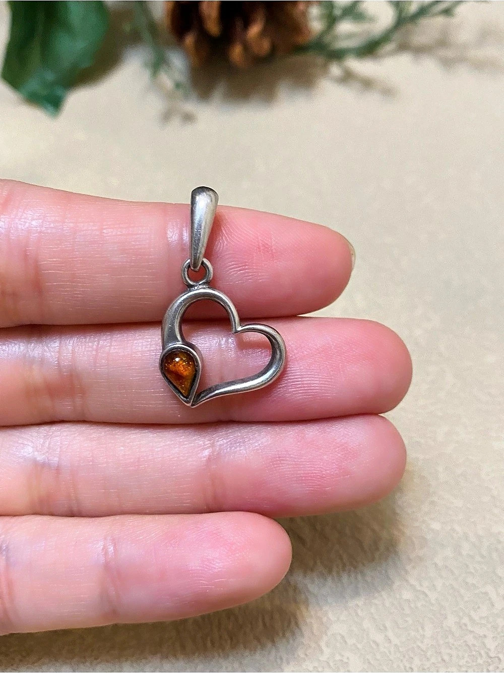 Sterling Silver Heart Pendant with Baltic Amber Stone